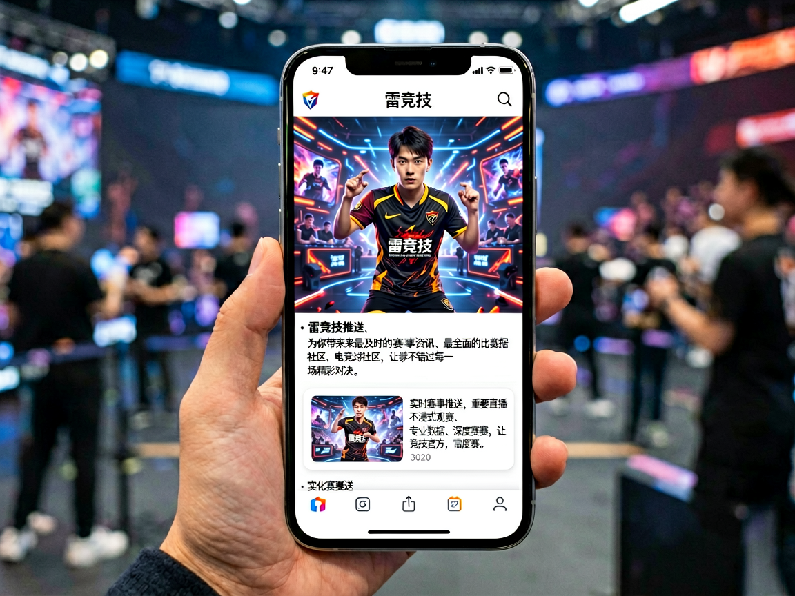 雷竞技APP界面展示，手机屏幕上呈现电竞赛事内容与社区功能